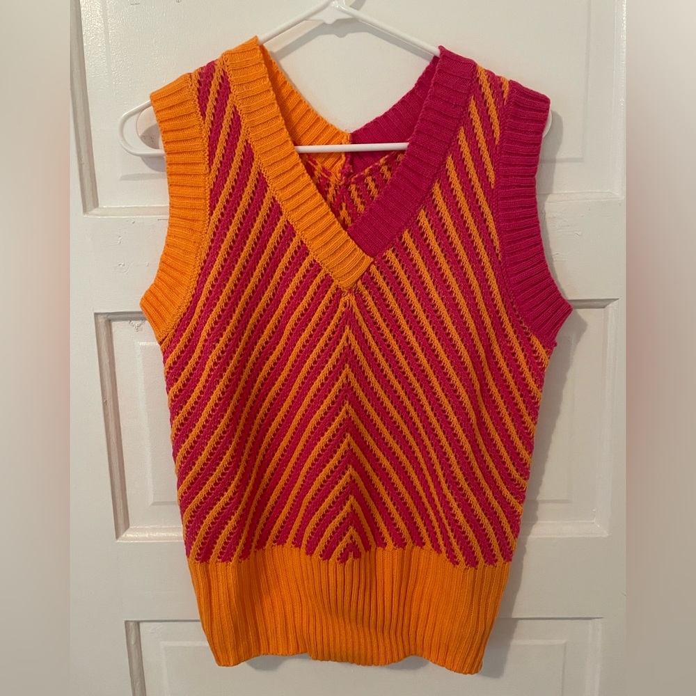 Vibrant Pink and Orange Striped Sweater Vest